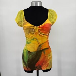 Yuka Abstract Mesh Top Yellow Orange Green Ruched Sweetheart Womens Small Y2K